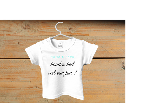T-shirt: 'Mama en Papa houden heel veel van jou!' Blauw